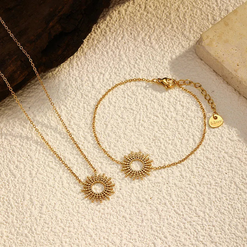 Sunflower series women's geometric chain bracelet and necklace set with 14K gold-plated finish
