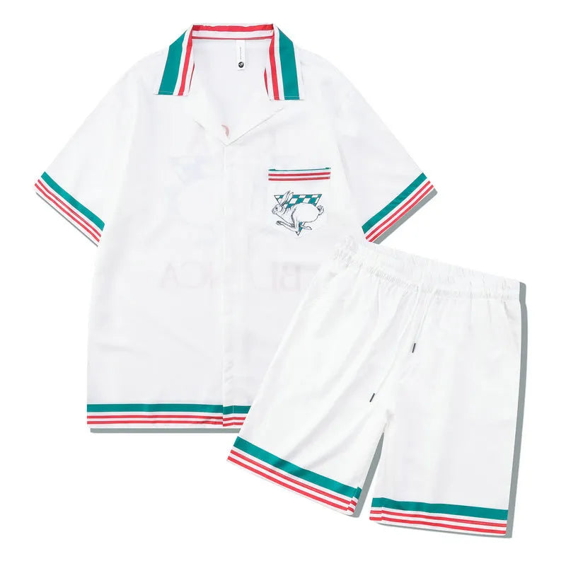 Polyester beach shirt and trousers outfit set with plaid pattern, short sleeves