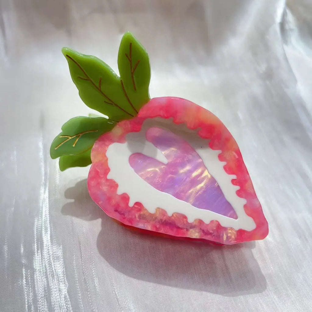 Red and pink pastoral strawberry design girls' hairpin, handcrafted hair clip.
