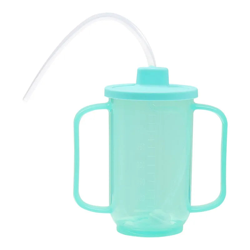 Oblique mouth choke-proof drinking cup for bed-bound adults with optional wrist splint attachment
