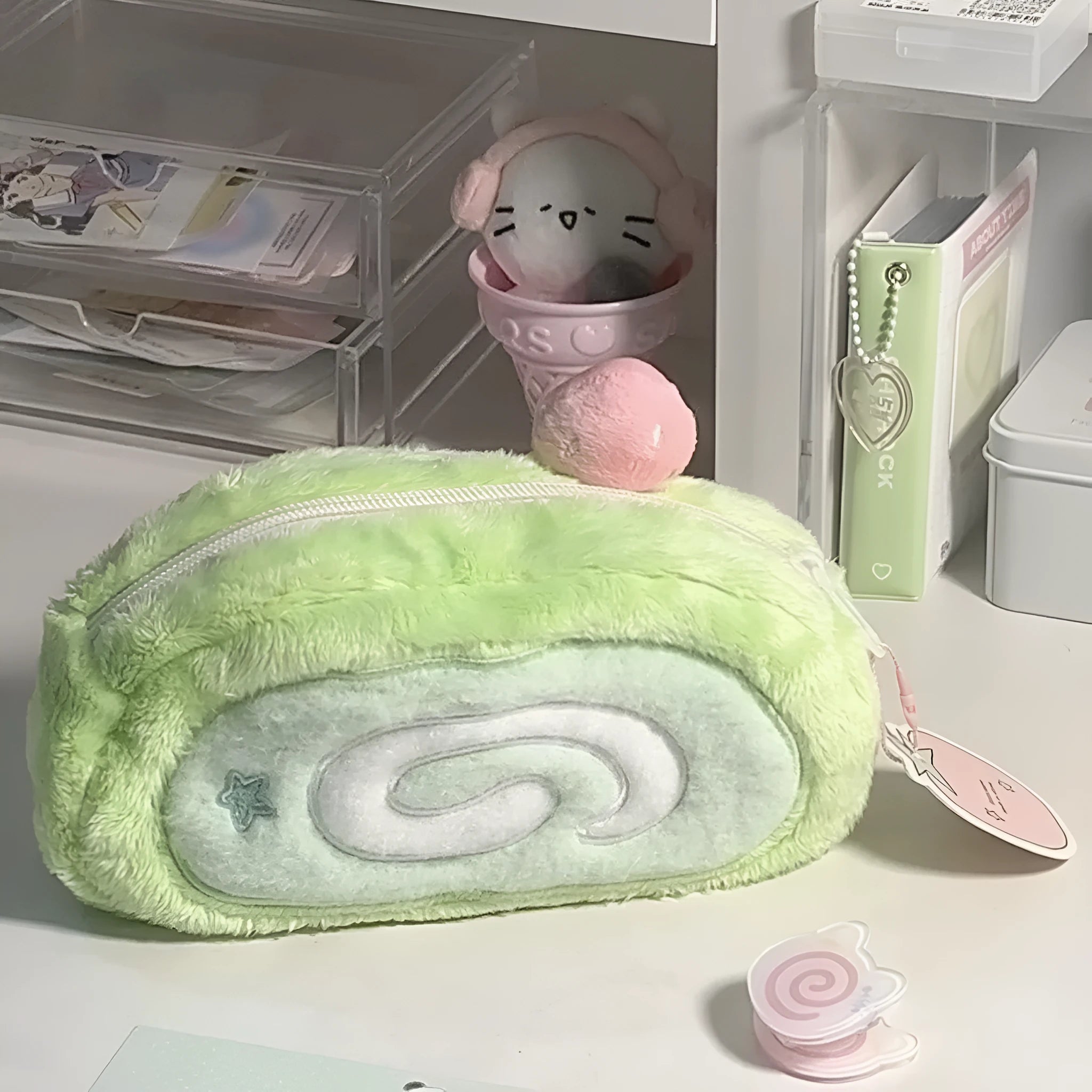 Velvet Swiss roll cake design pencil case in roll-up format for stationery storage