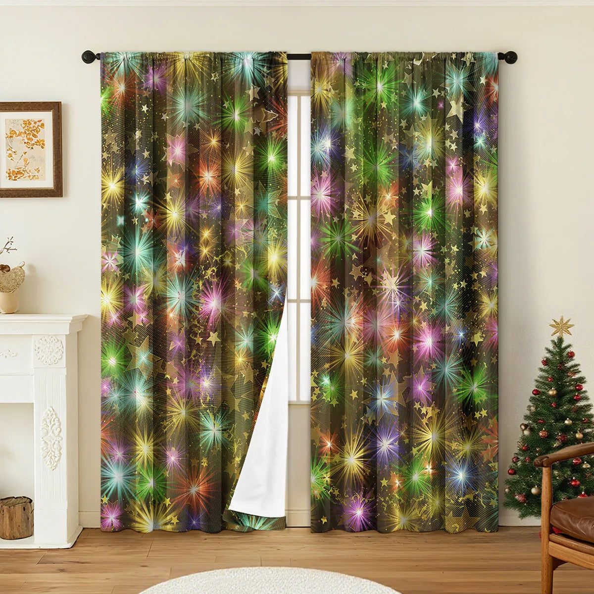 Pair of 3D digitally printed Christmas style curtains with European patterns on polyester fabric