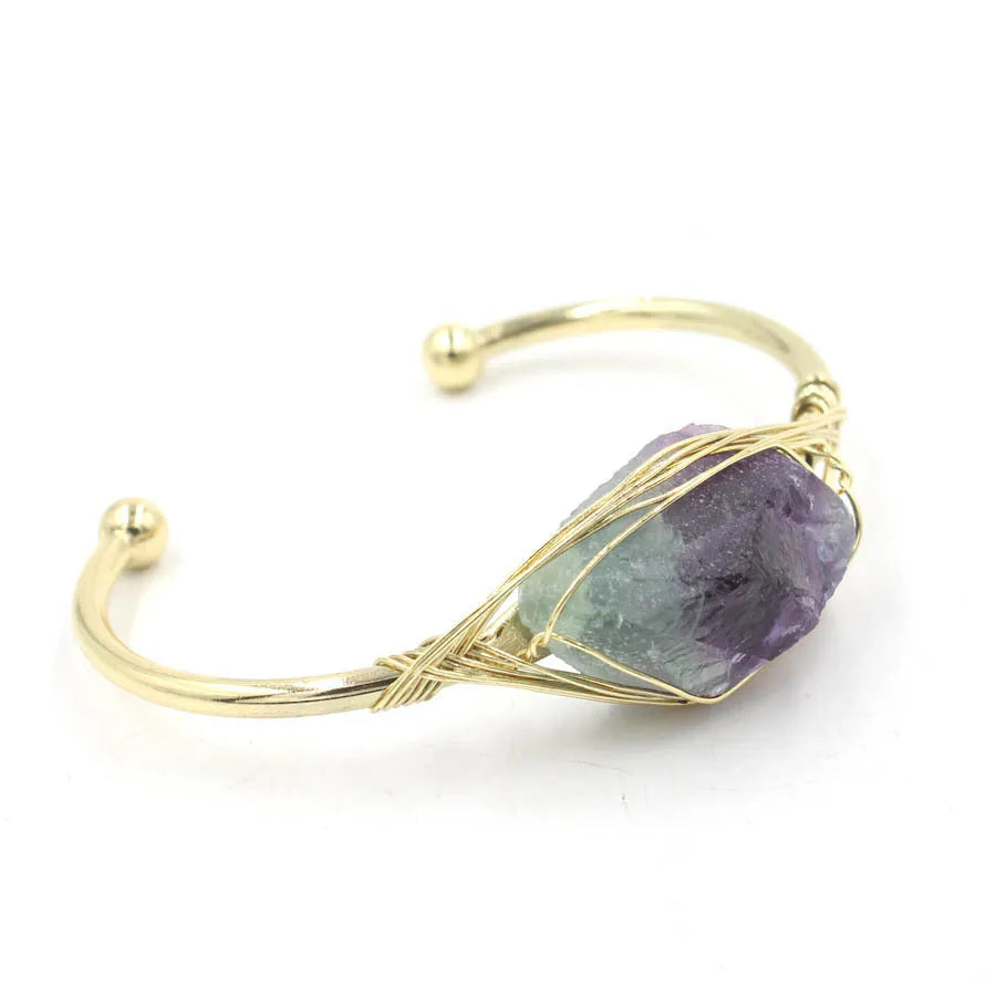 Natural raw gemstone bracelet with 8mm rough crystal beads in amethyst, pink, green fluorite, citrine colours.