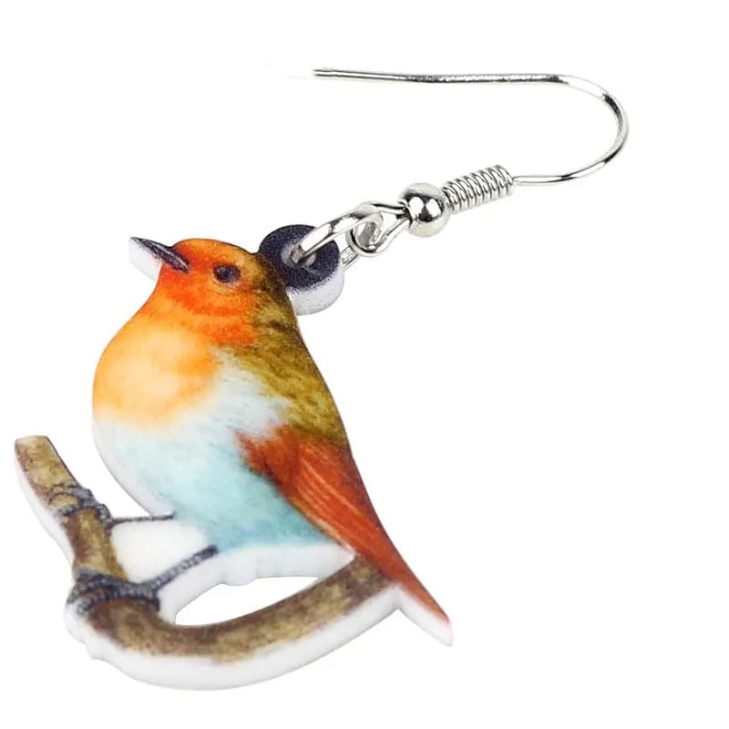 A pair of geometric acrylic earrings with a printed Blue Titmouse bird design in two colour options.