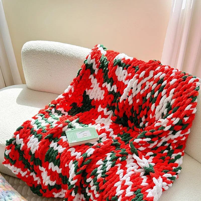Handmade chenille striped blanket in caramel mango colour showing ice bar section dyed pattern
