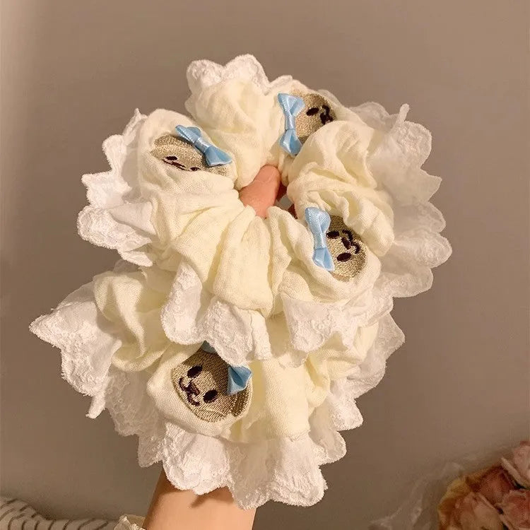 Blue bear-themed large intestine hair ring with bow decoration and elastic headband for hairstyling