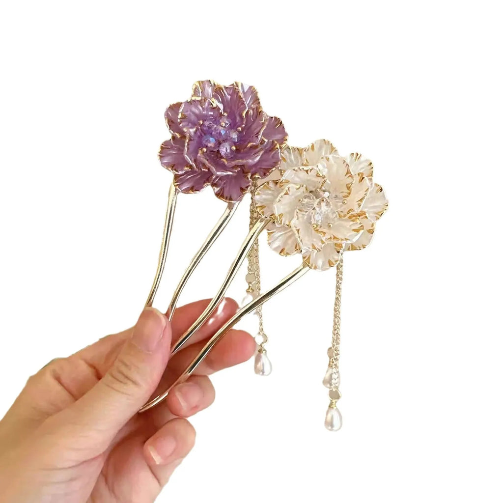 Purple and white retro alloy U-shaped hairpin with peony flower and tassel design.