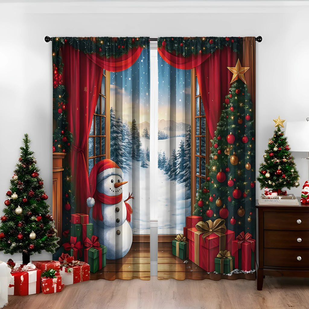 Pair of 3D digitally printed Christmas curtains in a modern European style pattern, hanging at a window.