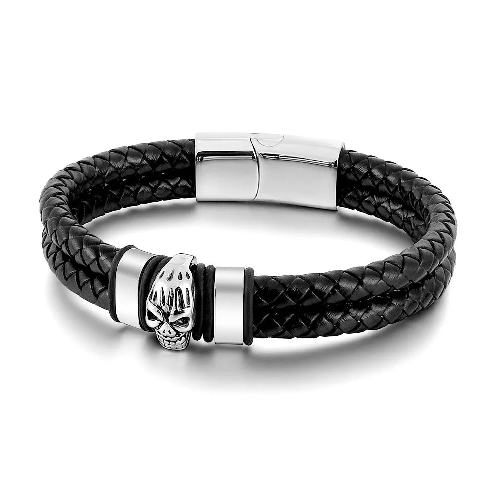 Men's titanium steel skull bracelet in silver with geometric link design