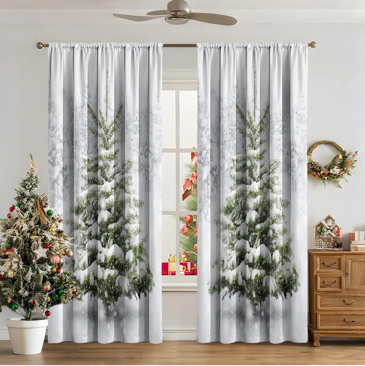 Pair of 3D digitally printed Christmas curtains in a modern European style pattern, hanging at a window.
