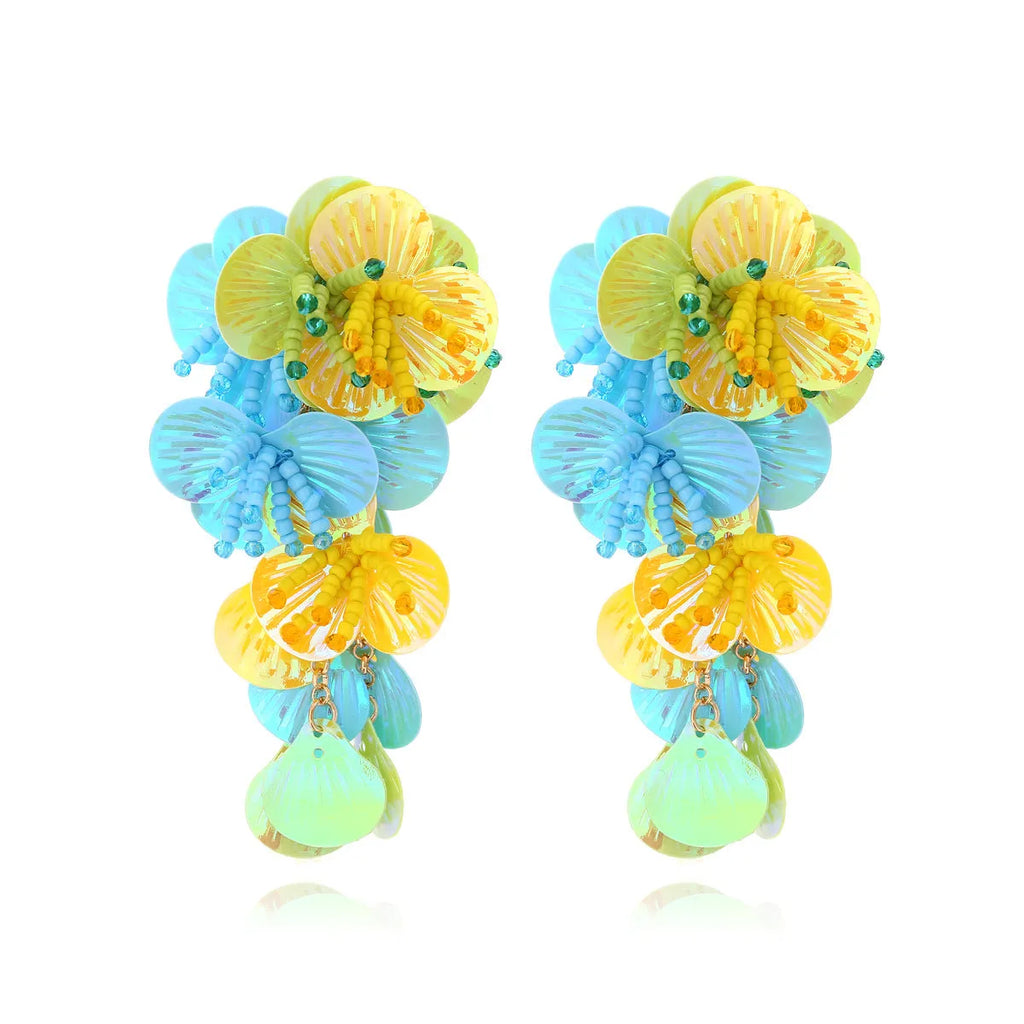 Handmade bead flower earrings with exaggerated string design in colourful, rose, and purple colour options