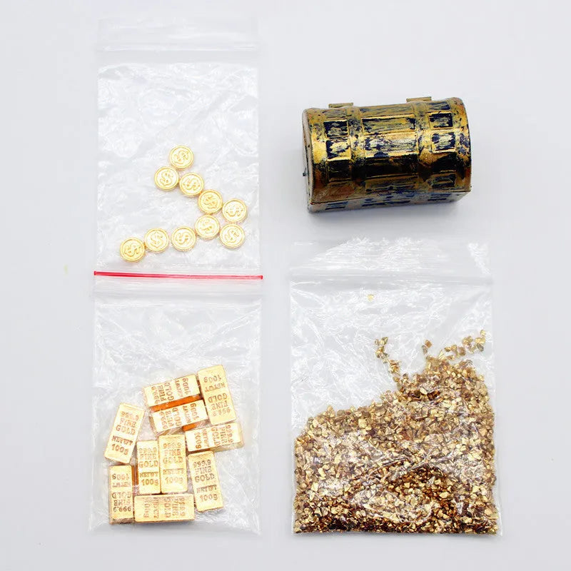 Alloy miniature treasure box with gold coins and bars for doll house accessories