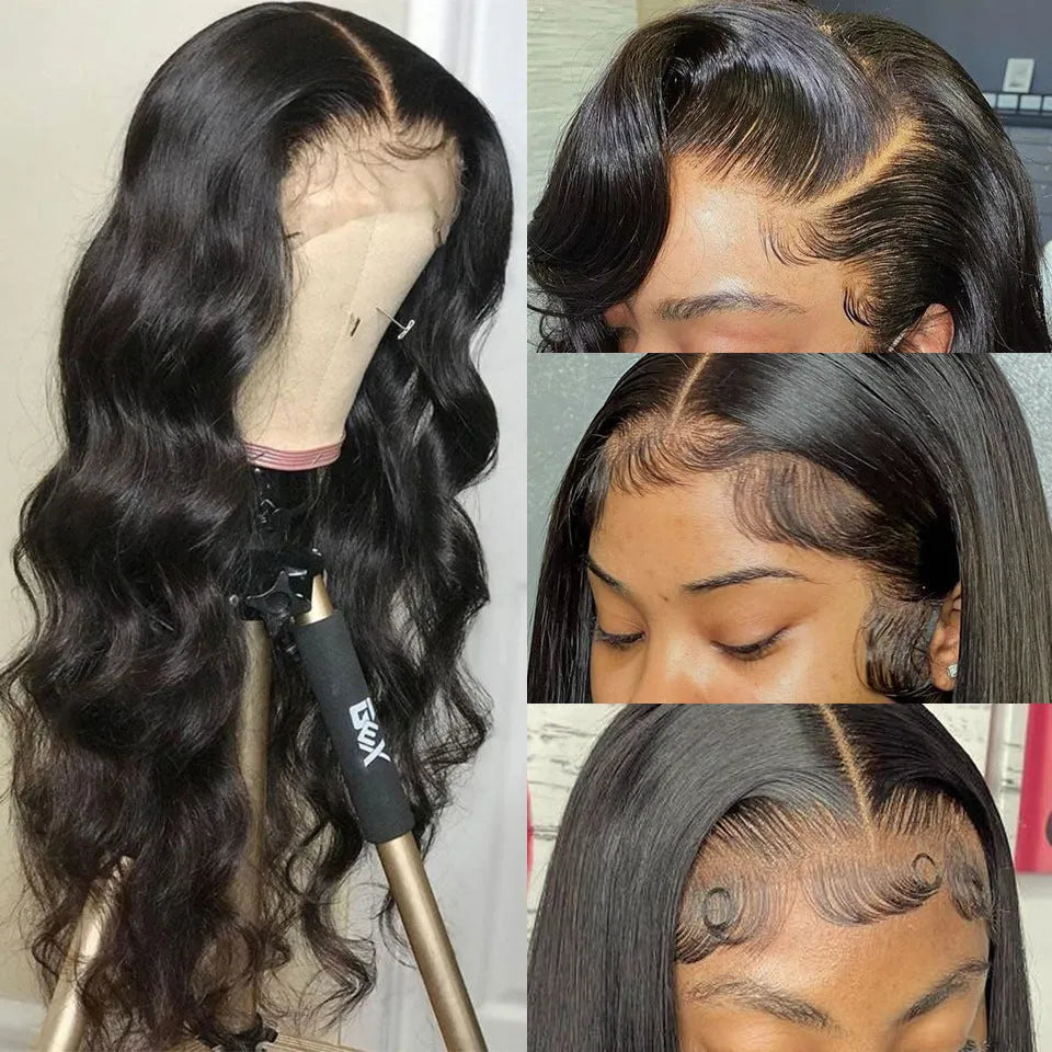 Black long curly synthetic front lace wig with side bangs, made from high-temperature fibre.