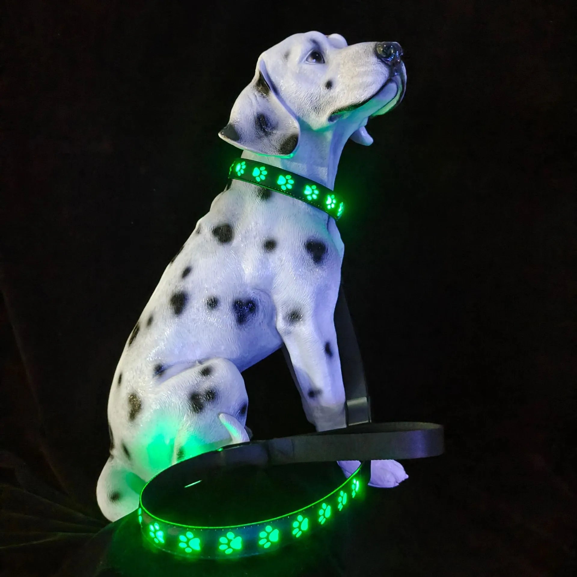 USB rechargeable LED luminous pet collar showing seven colour modes on adjustable polyester band