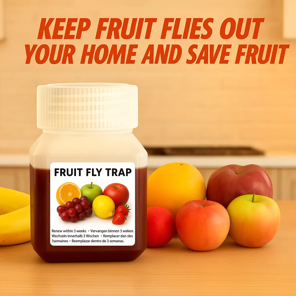 Bottle of fruit fly bait liquid for trap refill, available in multiple specifications.