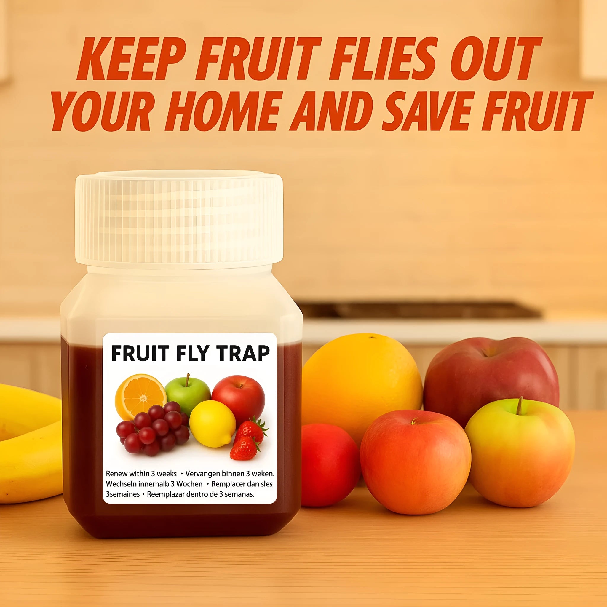 Bottle of fruit fly bait liquid for trap refill, available in multiple specifications.