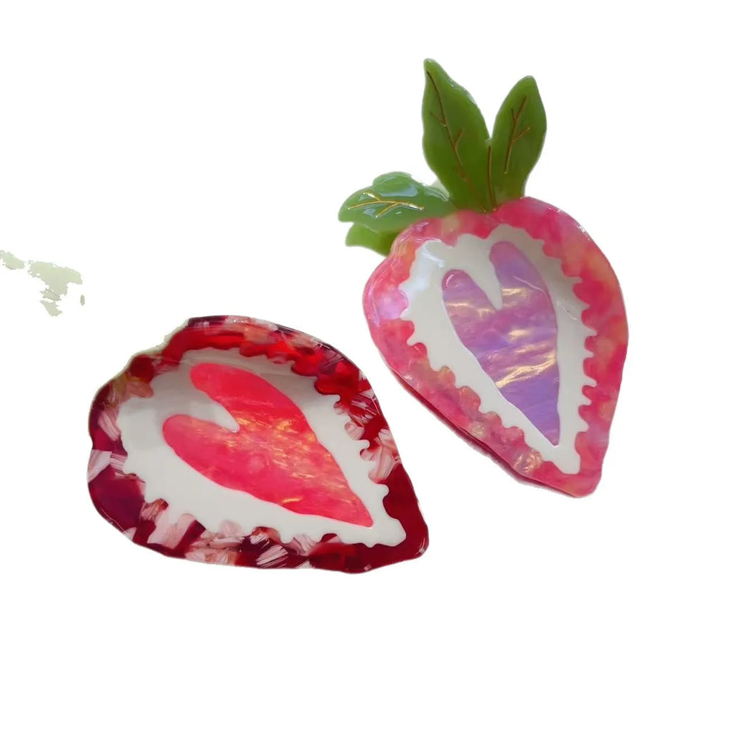Red and pink pastoral strawberry design girls' hairpin, handcrafted hair clip.