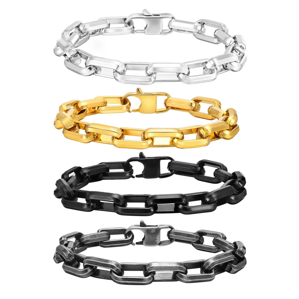 Men's simple square chain bracelet in titanium steel showing steel, gold, black, and retro colour options.