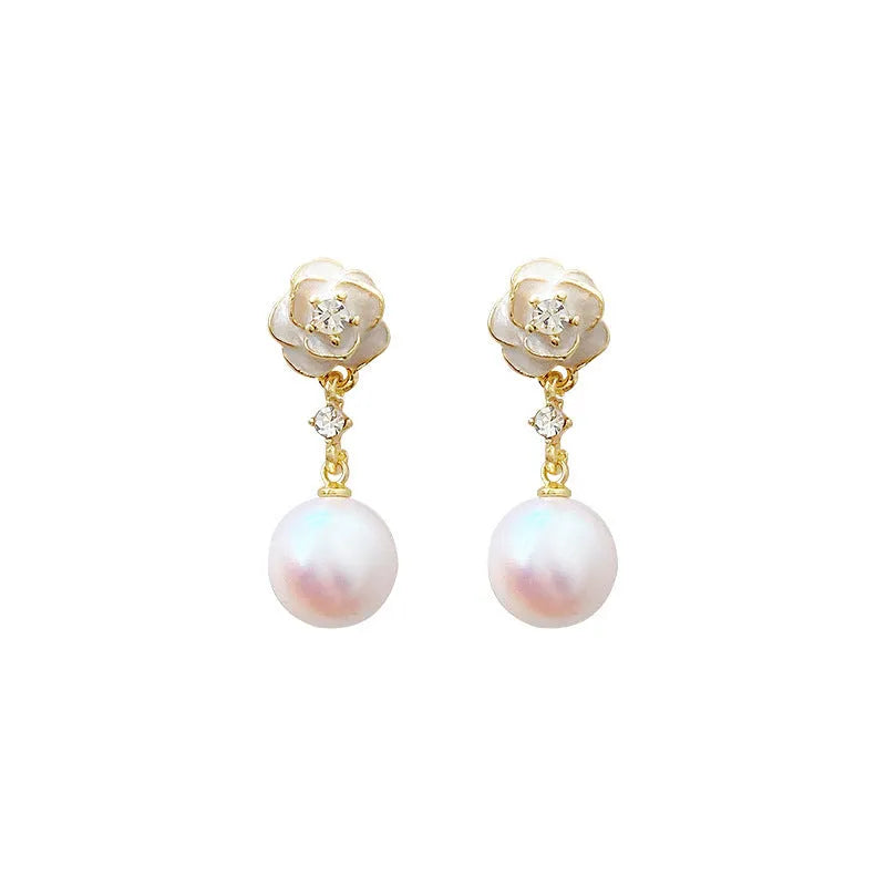 Camellia flower stud earrings with pearl detail in alloy metal for women