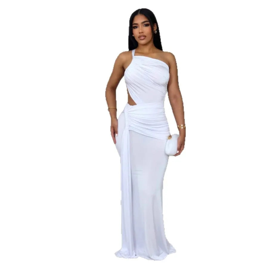 Women's solid colour long one-shoulder pleated dress in milk silk fabric, shown on a model.