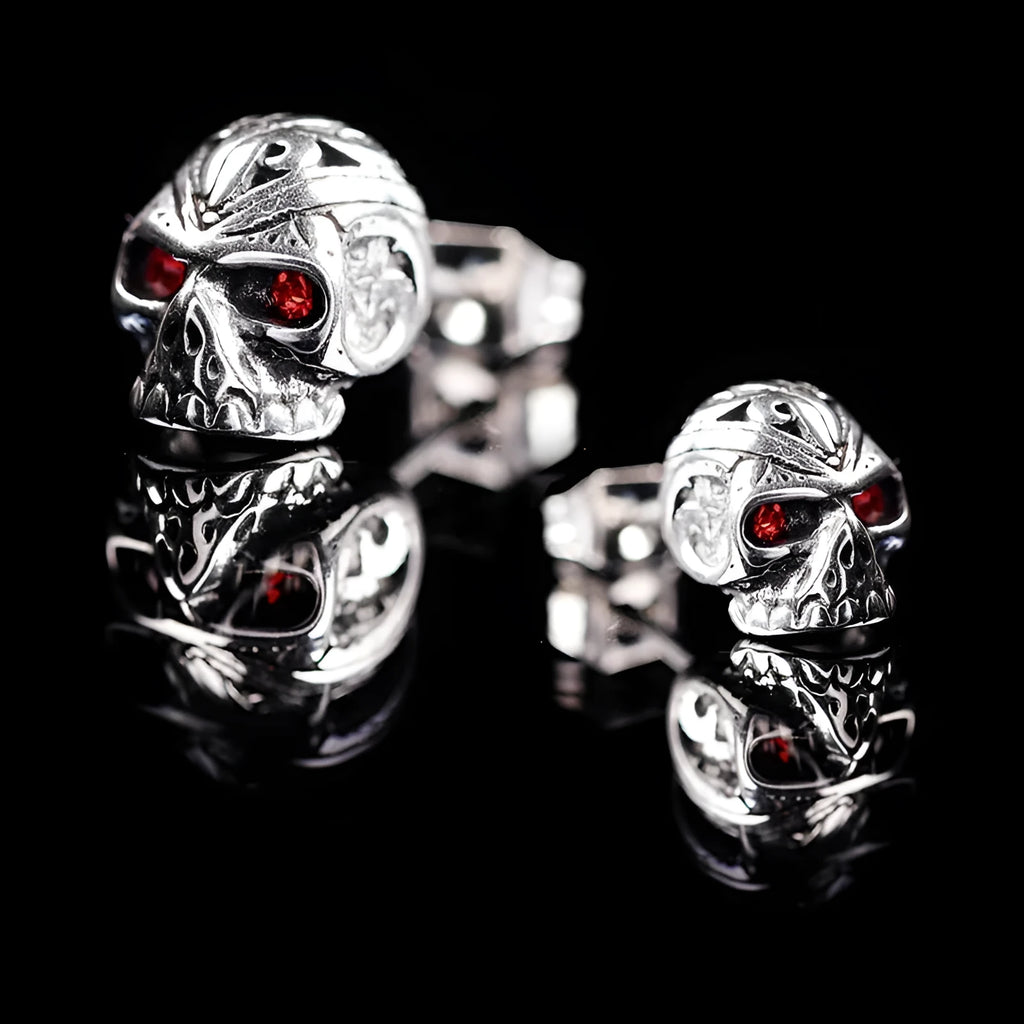 Retro skull stud earrings with red eye ghost head design and electroplated alloy construction
