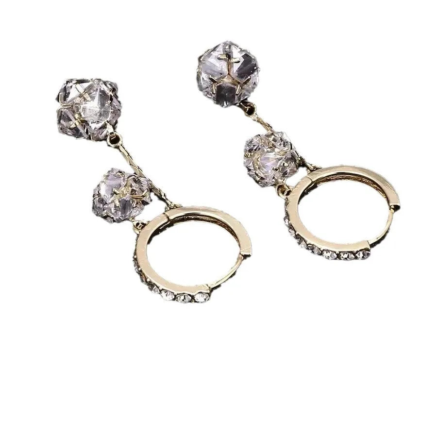 Women's silver colour drop shape copper earrings with confession balloon and rhinestone ball double pendant design