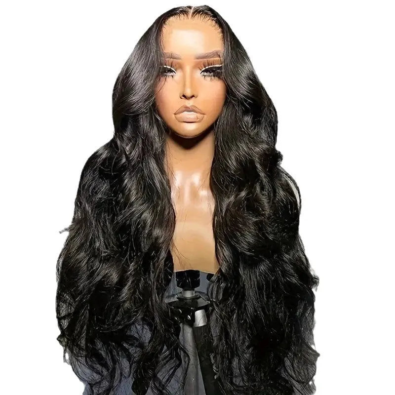 Black chemical fibre wig with big wave texture and lace front construction