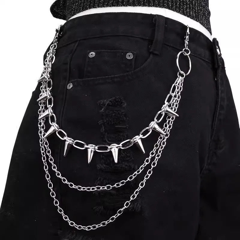 Silver alloy trousers chain with rivet and zipper detailing on 115cm adjustable length for punk fashion