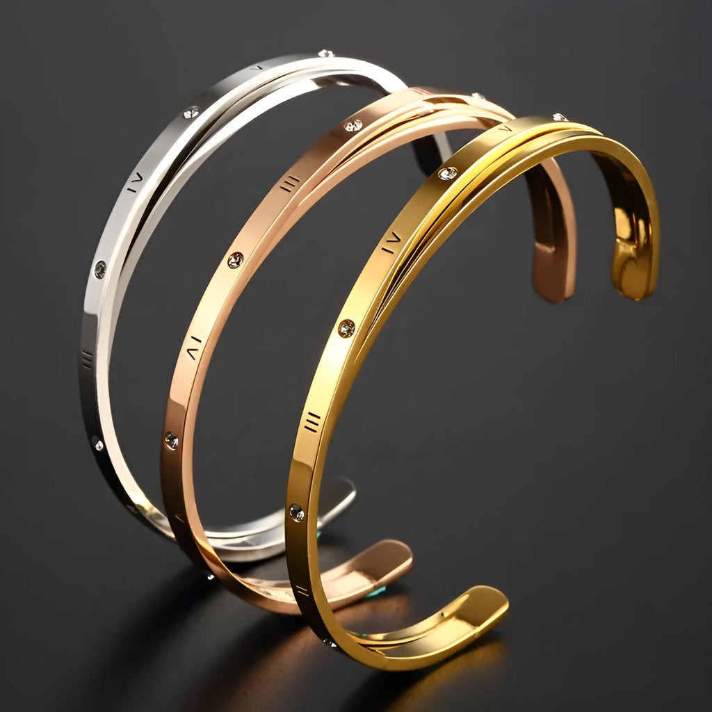 Open-ended stainless steel women's bracelet with electroplated finish and inlaid zircon crystals