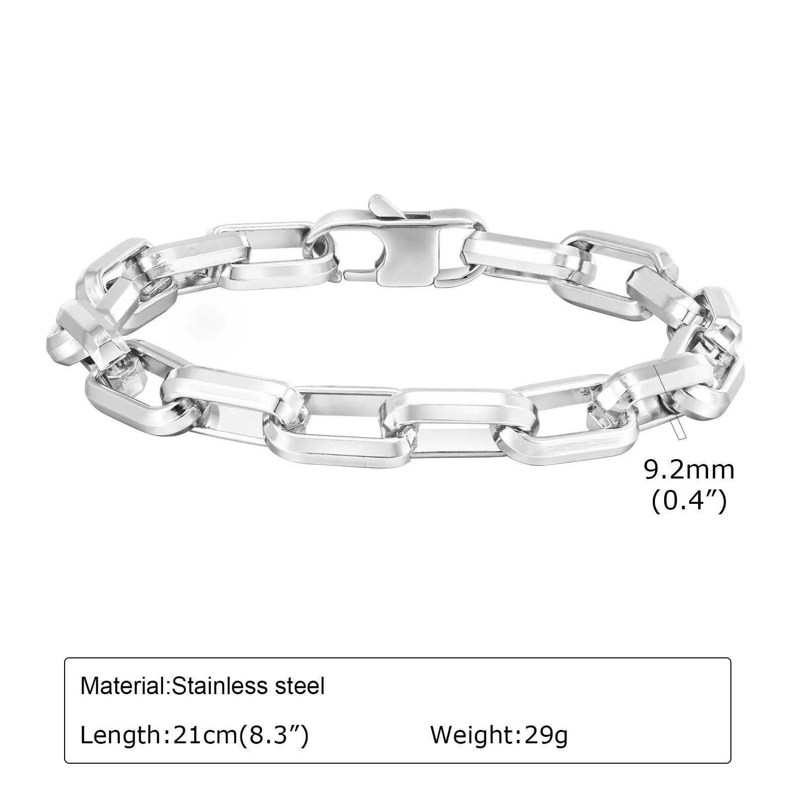 Men's simple square chain bracelet in titanium steel showing steel, gold, black, and retro colour options.