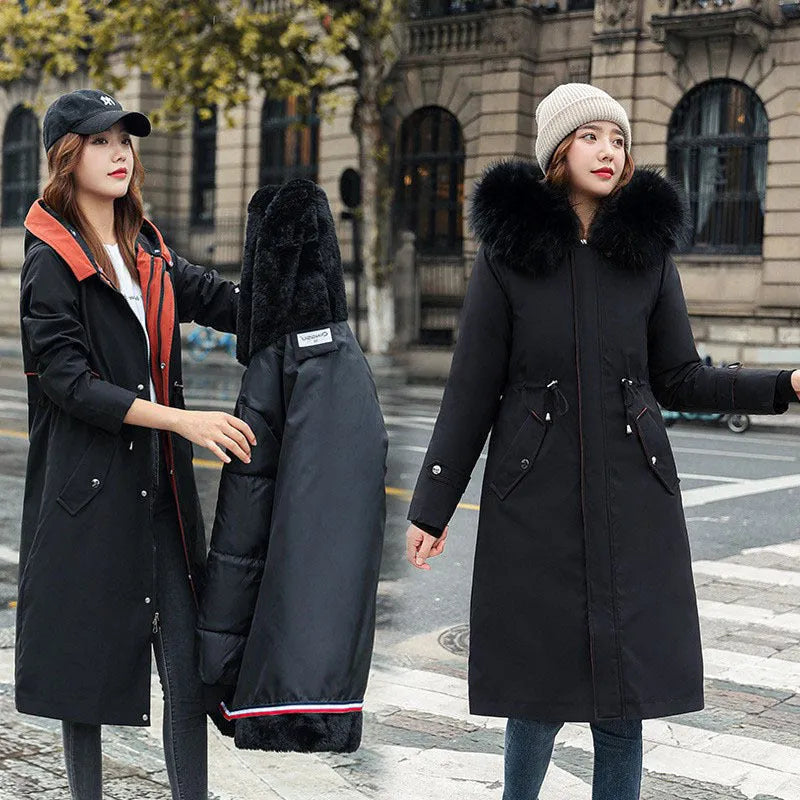 Women's long fleece trench coat in bean green colour with 100cm length and down cotton filler