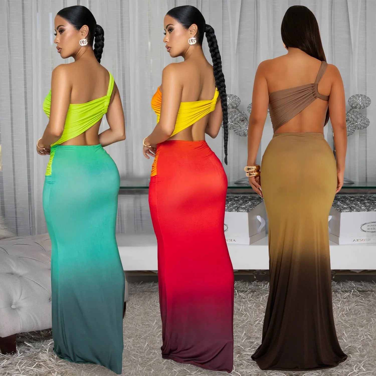 Women's long gradient dress with cross-shoulder design in green, red, or brown.