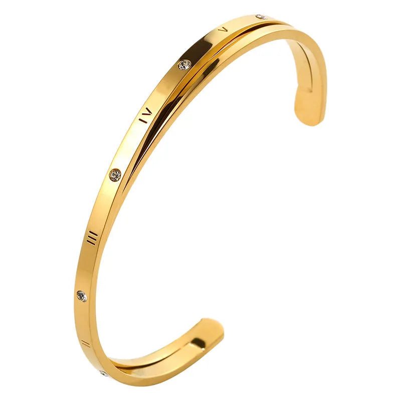 Open-ended stainless steel women's bracelet with electroplated finish and inlaid zircon crystals