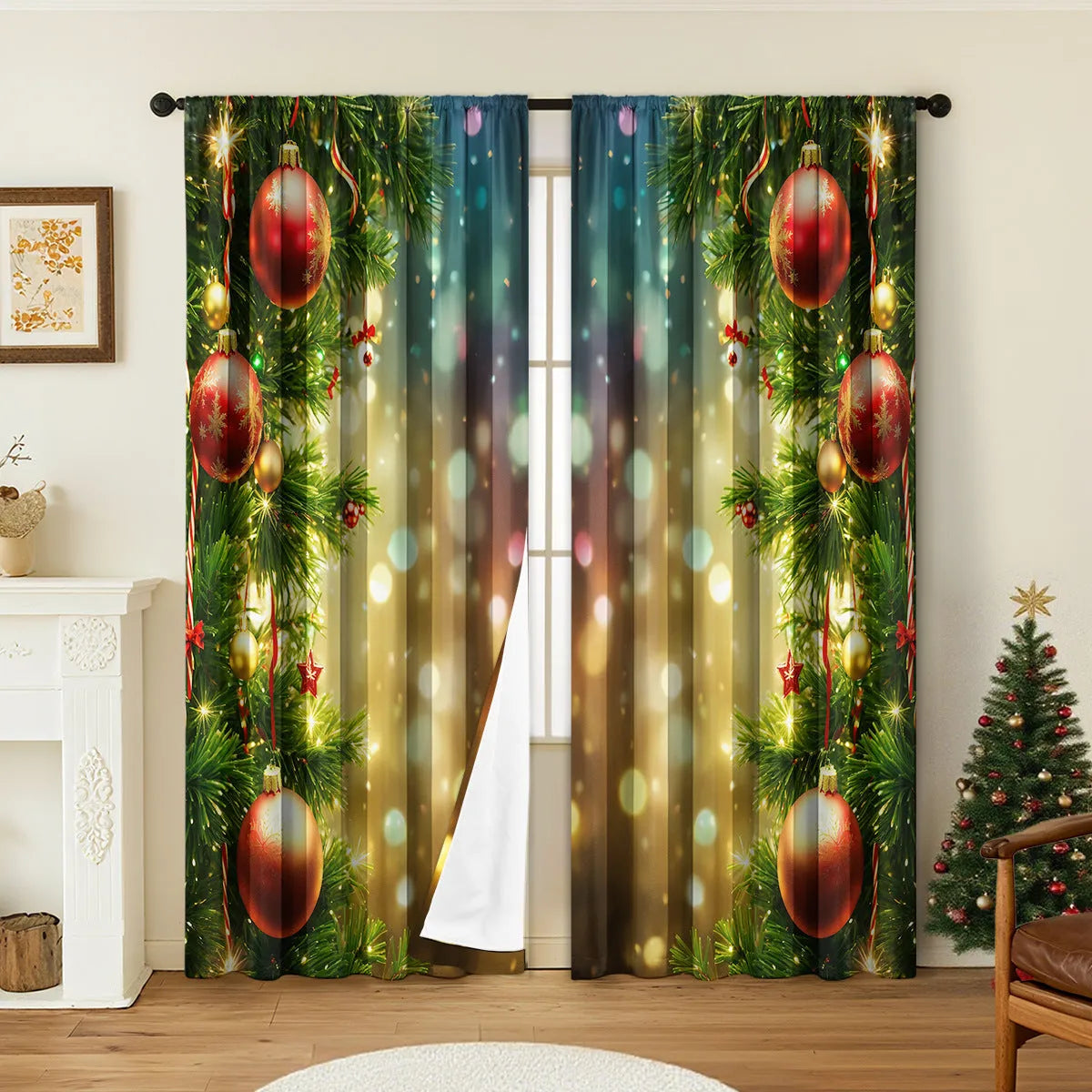 Pair of 3D digitally printed Christmas style curtains with European patterns on polyester fabric
