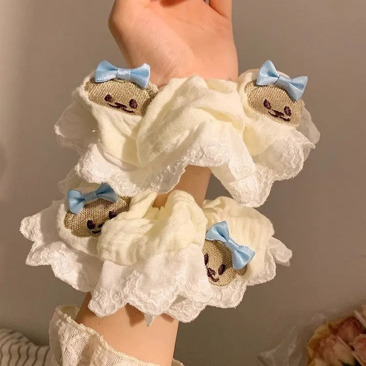Blue bear-themed large intestine hair ring with bow decoration and elastic headband for hairstyling
