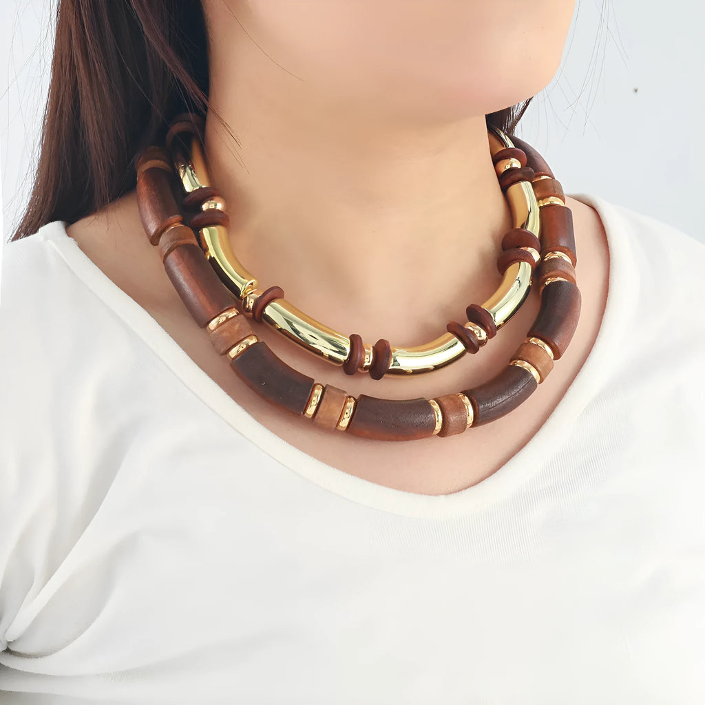 Women's multi-layer wooden necklace and bracelet set in European exaggerated style with alloy chain