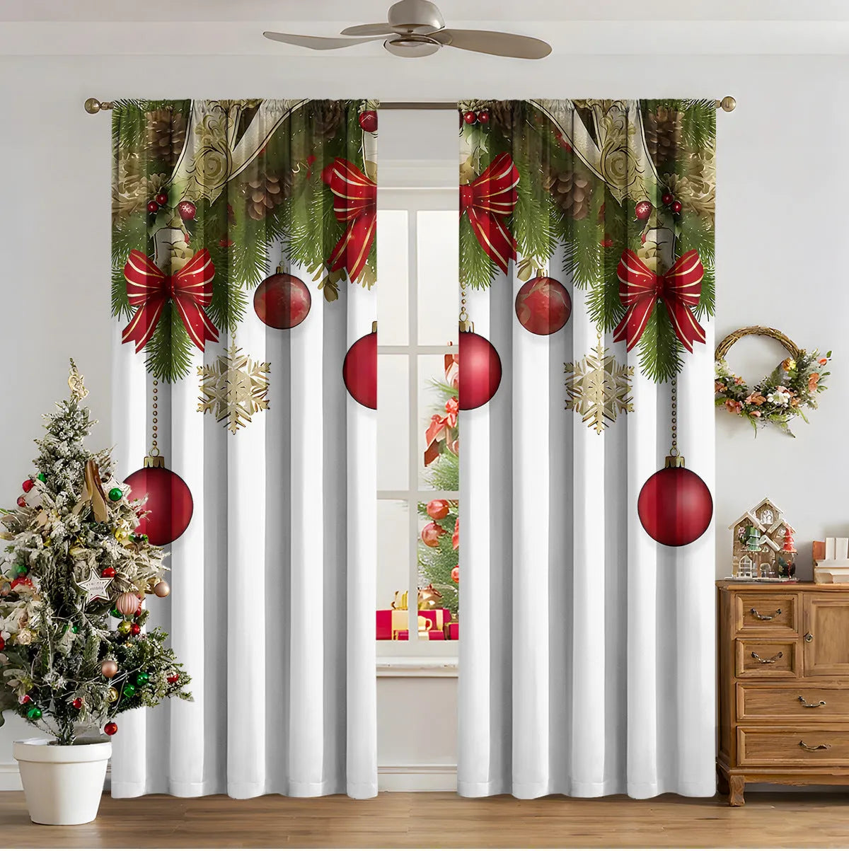 Pair of 3D digitally printed Christmas curtains in a modern European style pattern, hanging at a window.