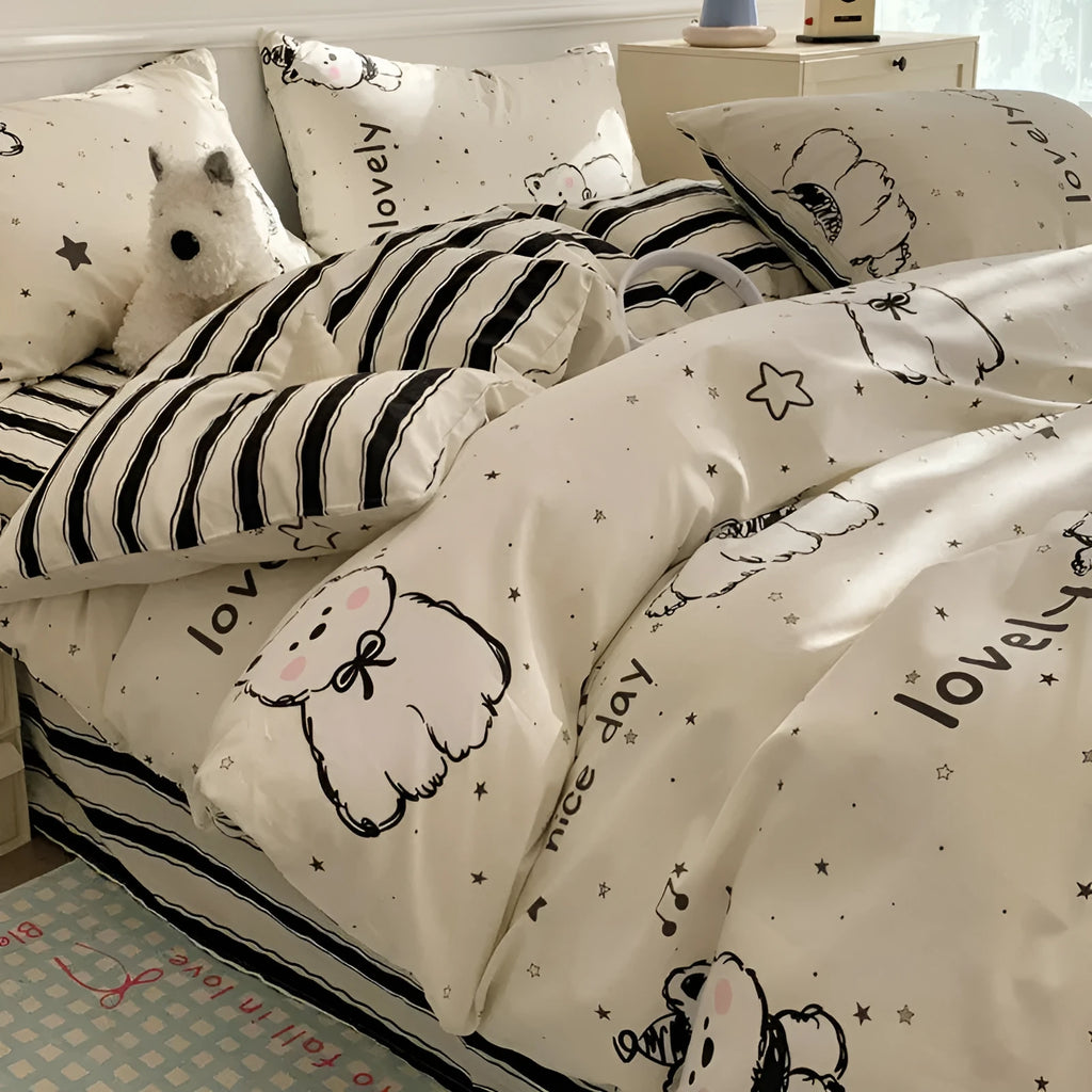 Cartoon dog pattern pure cotton duvet cover and pillowcase set on a bed.