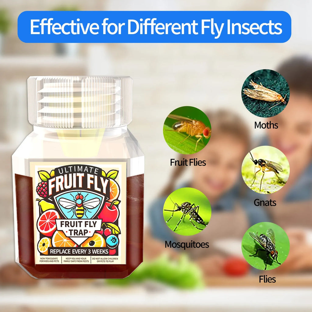 Bottle of fruit fly bait liquid for trap refill, available in multiple specifications.