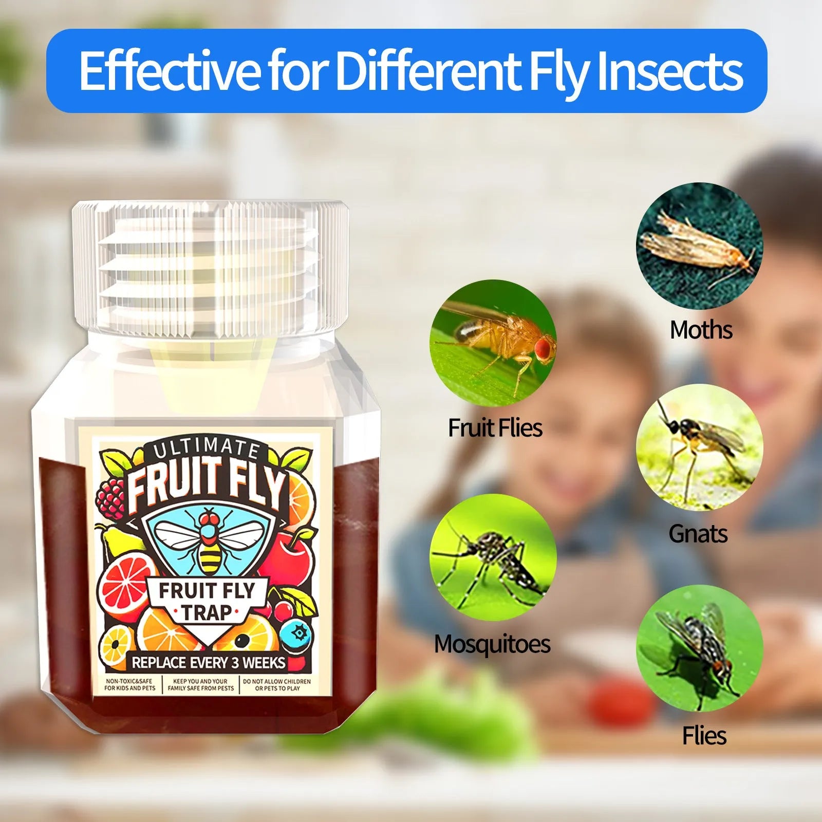 Bottle of fruit fly bait liquid for trap refill, available in multiple specifications.
