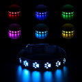 USB rechargeable LED luminous pet collar showing seven colour modes on adjustable polyester band