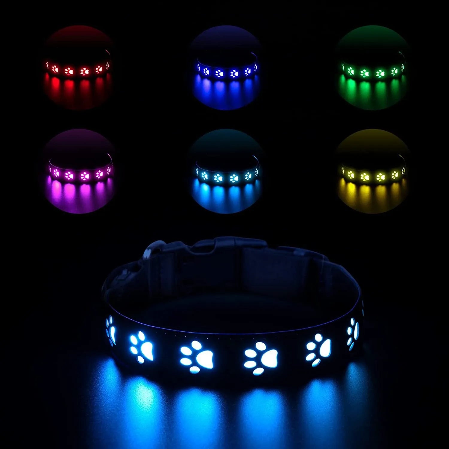 USB rechargeable LED luminous pet collar showing seven colour modes on adjustable polyester band