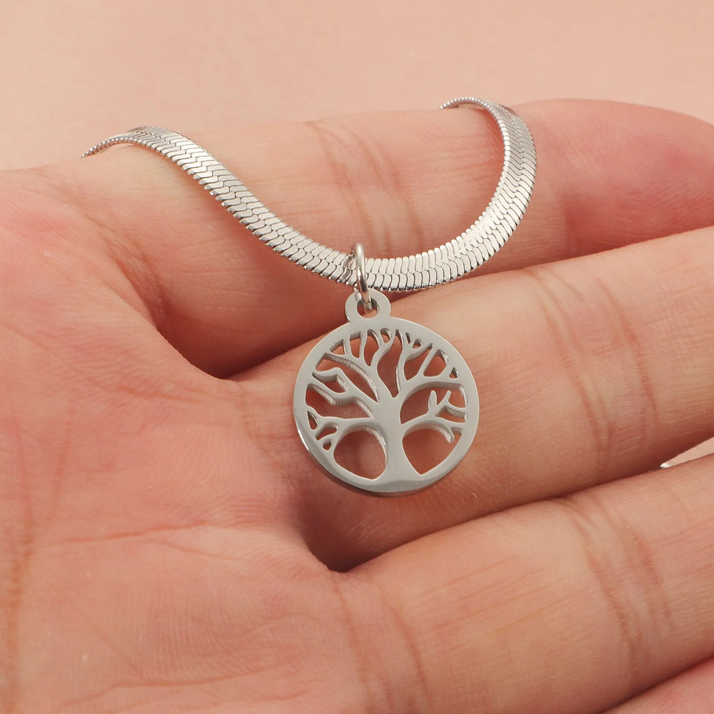 Stainless steel lucky tree pendant necklace on snake bone chain with adjustable 51-60cm length