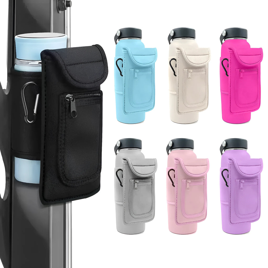 Cloth sports water bottle sleeve shown in various colours with magnetic and carabiner clip closure options.