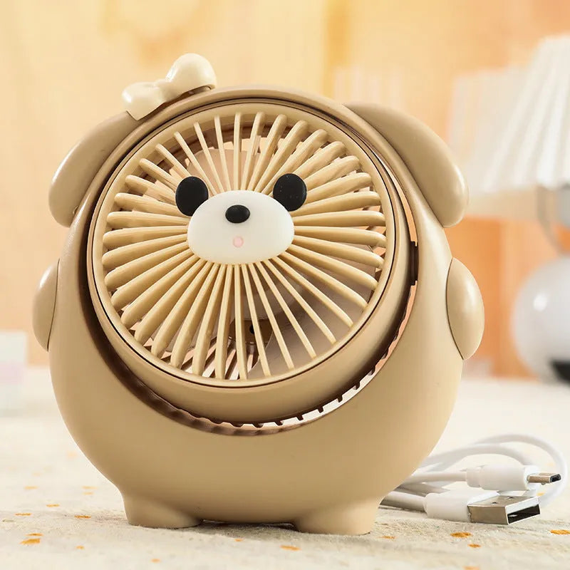 USB desktop fan with dog design showing three speed settings and lightweight plastic construction