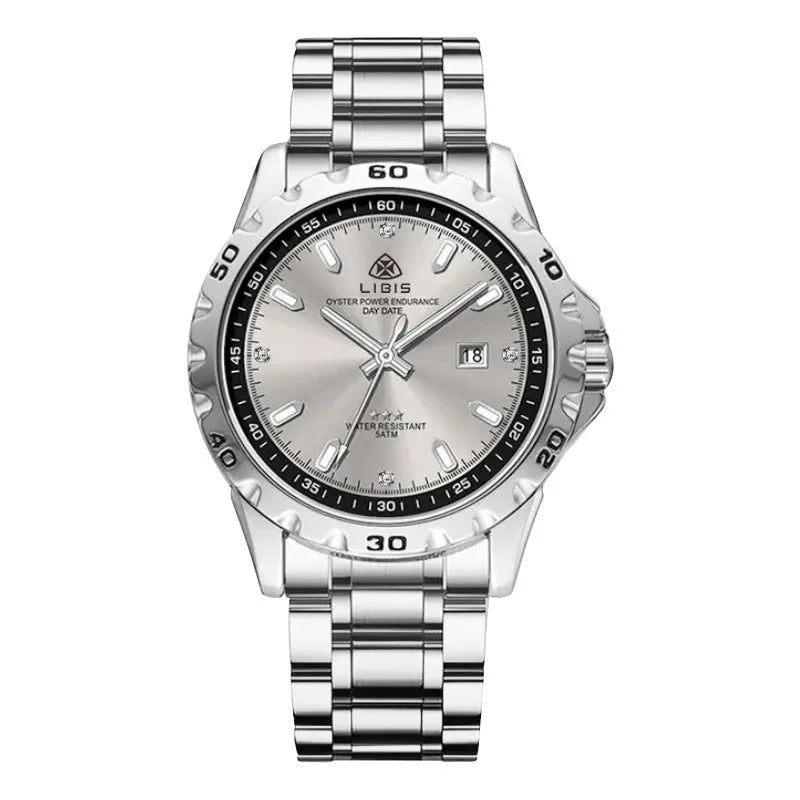 Men's silver stainless steel quartz watch with luminous hands on black or grey strap