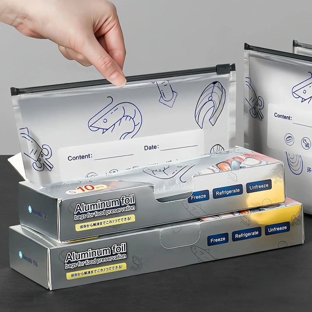 Set of resealable aluminium foil fresh-keeping bags in small, medium, and large sizes on a kitchen counter.