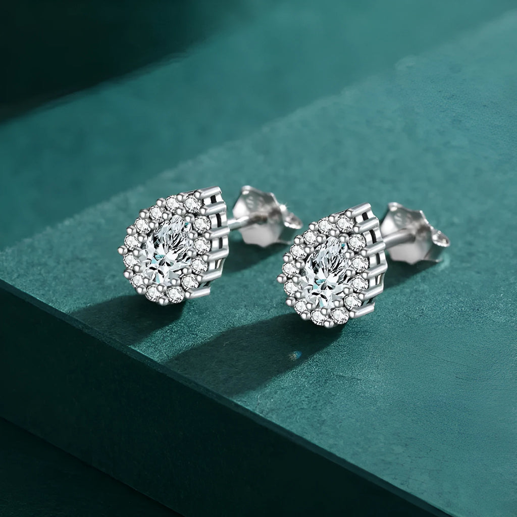 Women's silver drop ear studs with diamond finish on 925 sterling silver