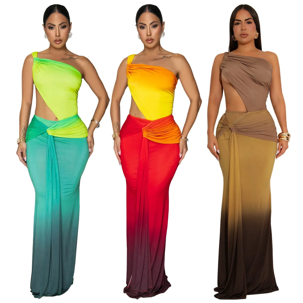 Women's long gradient dress with cross-shoulder design in green, red, or brown.