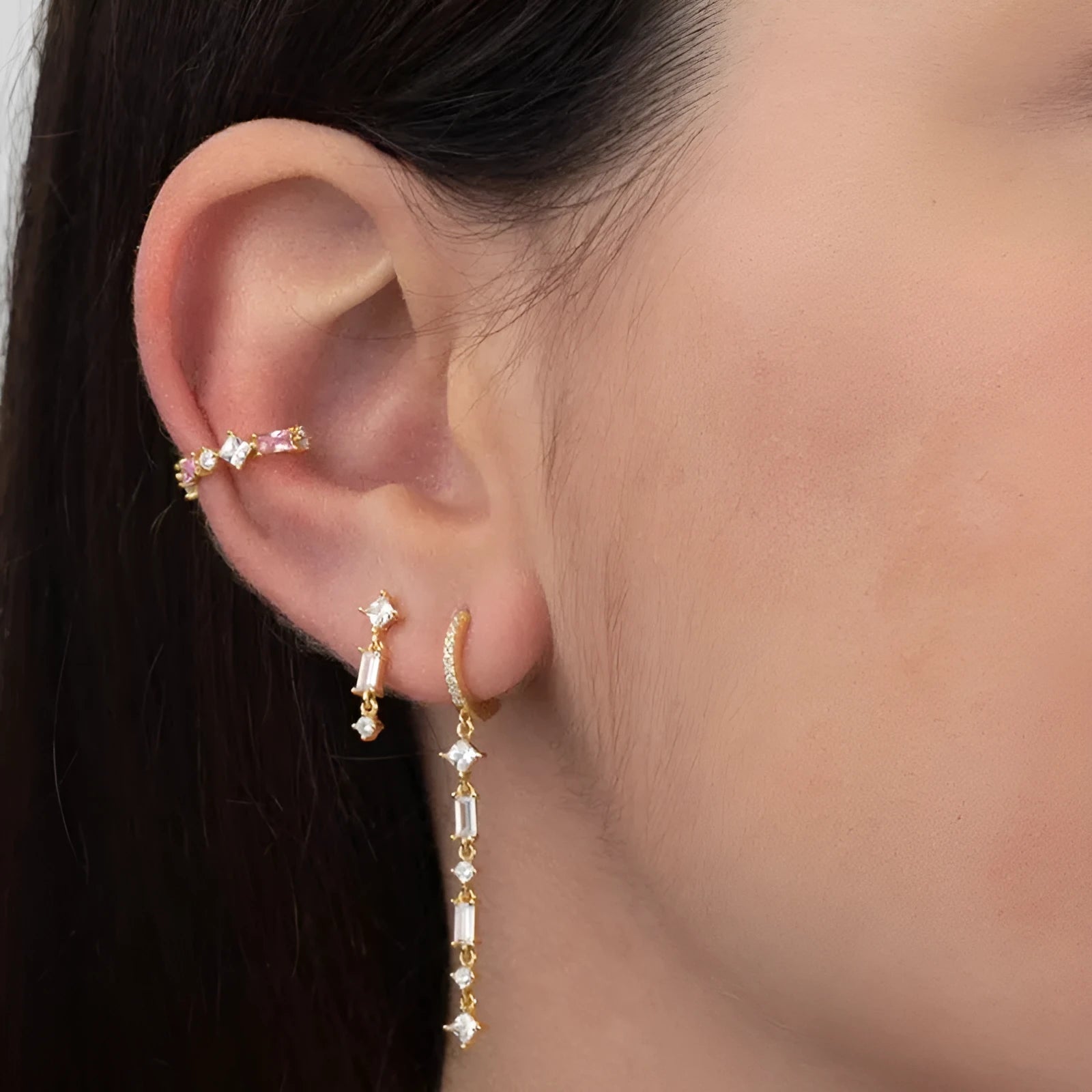 Sterling silver geometric ear clips with colourful zircon stones and tassel design on U-shaped frame